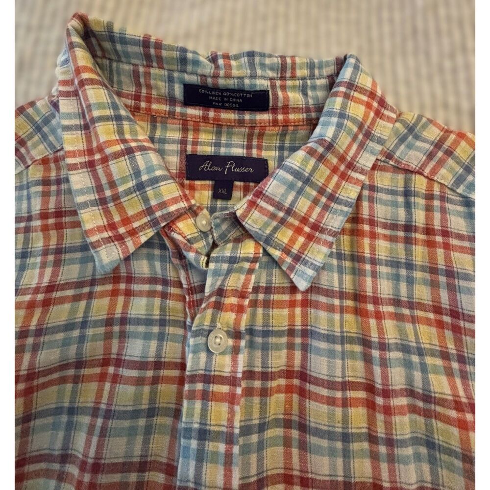 Alan Flusser Linen Cotton Plaid Shirt XXL Short Sleeve Preppy Coastal